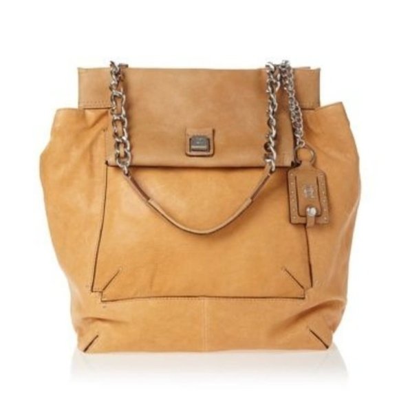 Olivia Harris Square Flap Shoulder Bag Purse Handbag Tan Leather Tote Classic - Picture 1 of 8